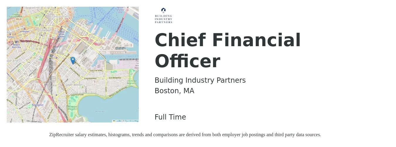 Building Industry Partners job posting for a Chief Financial Officer in Boston, MA with a salary of $153,200 to $434,600 Yearly with a map of Boston location.