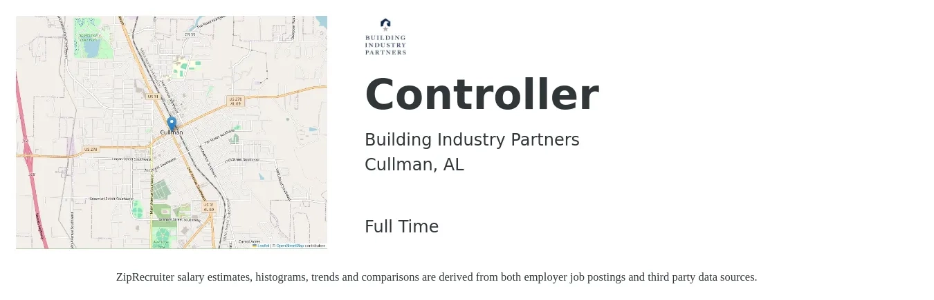 Building Industry Partners job posting for a Controller in Cullman, AL with a salary of $85,600 to $122,200 Yearly with a map of Cullman location.