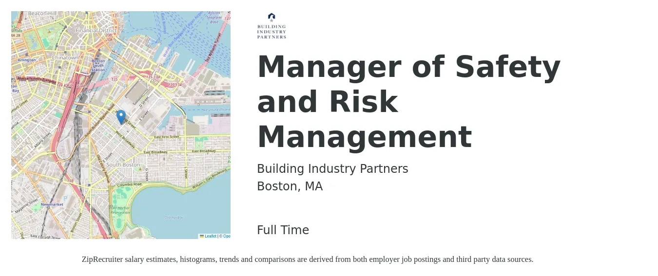 Building Industry Partners job posting for a Manager of Safety and Risk Management in Boston, MA with a salary of $78,800 to $143,400 Yearly with a map of Boston location.