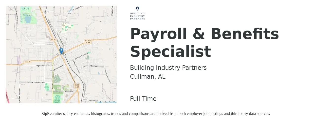 Building Industry Partners job posting for a Payroll & Benefits Specialist in Cullman, AL with a salary of $45,400 to $59,600 Yearly with a map of Cullman location.