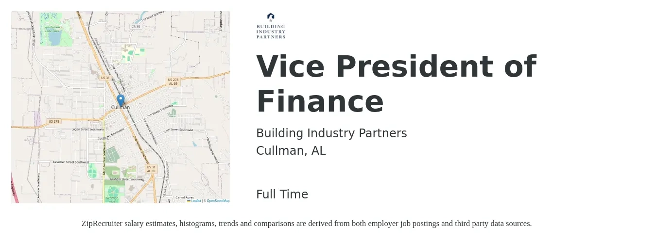 Building Industry Partners job posting for a Vice President of Finance in Cullman, AL with a salary of $120,400 to $175,100 Yearly with a map of Cullman location.