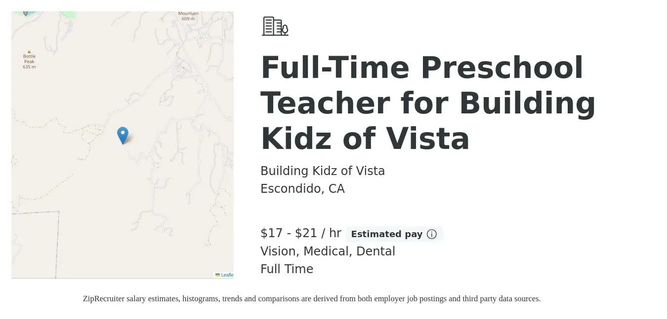 Building Kidz of Vista job posting for a Full-Time Preschool Teacher for Building Kidz of Vista in Escondido, CA with a salary of $18 to $22 Hourly and benefits including medical, pto, vision, and dental with a map of Escondido location.