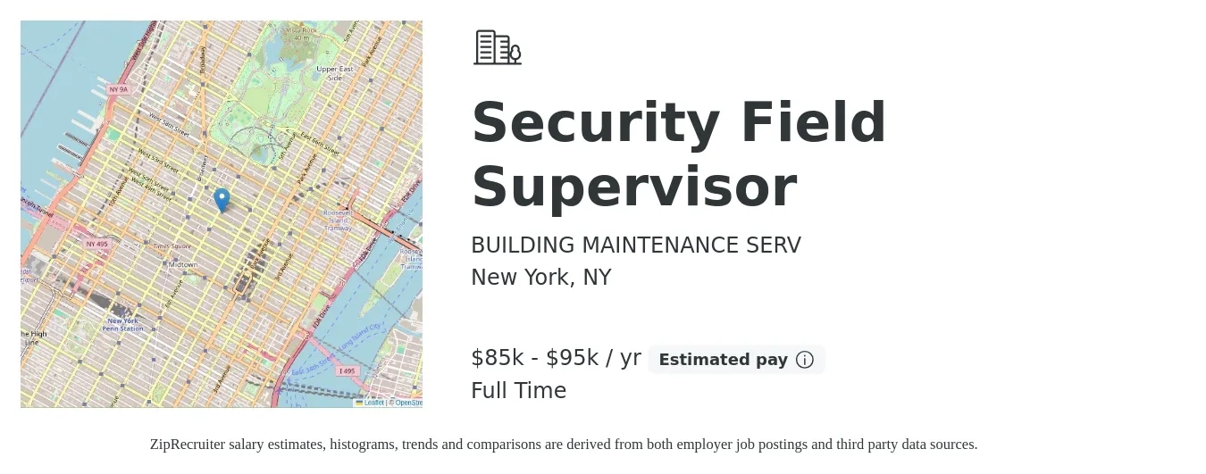 BUILDING MAINTENANCE SERV job posting for a Security Field Supervisor in New York, NY with a salary of $85,000 to $95,000 Yearly with a map of New York location.