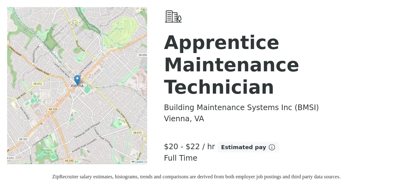 Building Maintenance Systems Inc (BMSI) job posting for a Apprentice Maintenance Technician in Vienna, VA with a salary of $21 to $23 Hourly with a map of Vienna location.