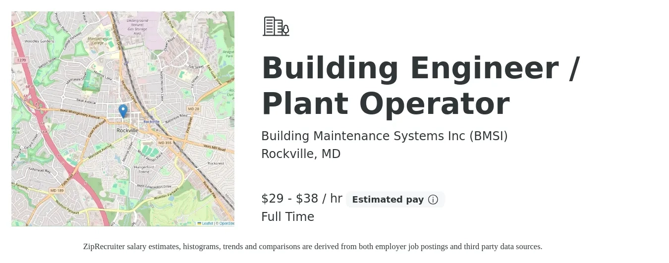 Building Maintenance Systems Inc (BMSI) job posting for a Building Engineer / Plant Operator in Rockville, MD with a salary of $31 to $40 Hourly with a map of Rockville location.