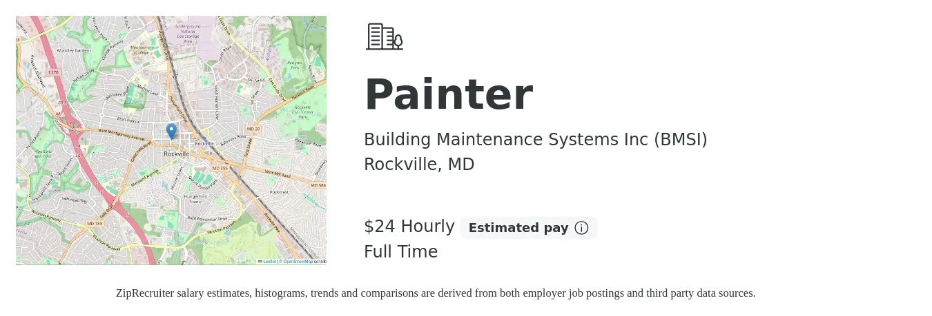 Building Maintenance Systems Inc (BMSI) job posting for a Painter in Rockville, MD with a salary of $25 Hourly with a map of Rockville location.
