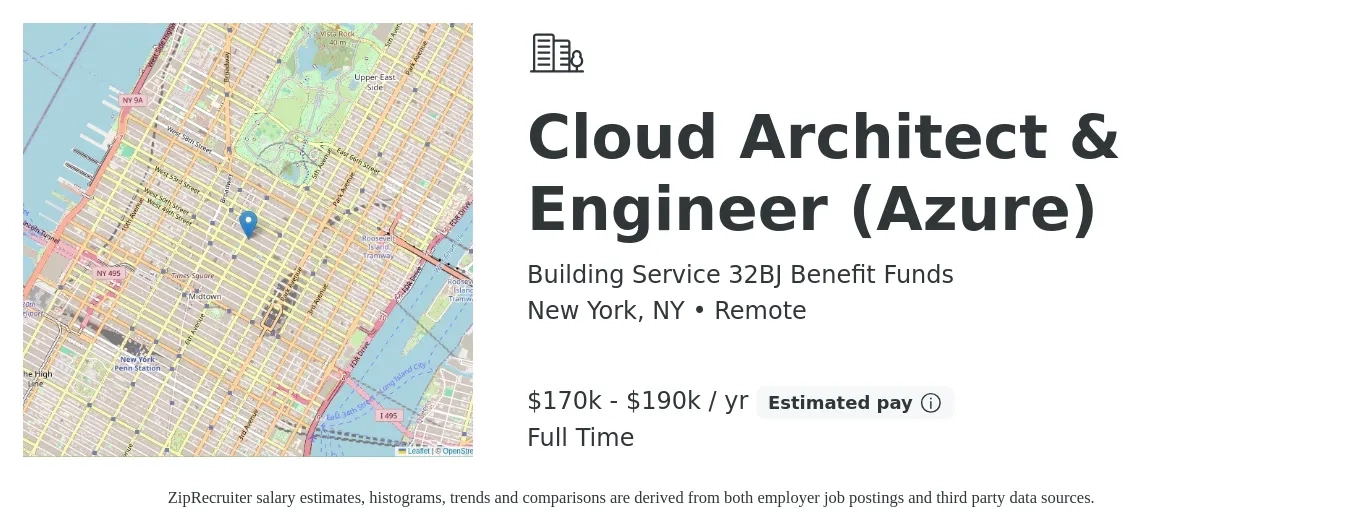 Building Service 32BJ Benefit Funds job posting for a Cloud Architect & Engineer (Azure) in New York, NY with a salary of $170,000 to $190,000 Yearly with a map of New York location.