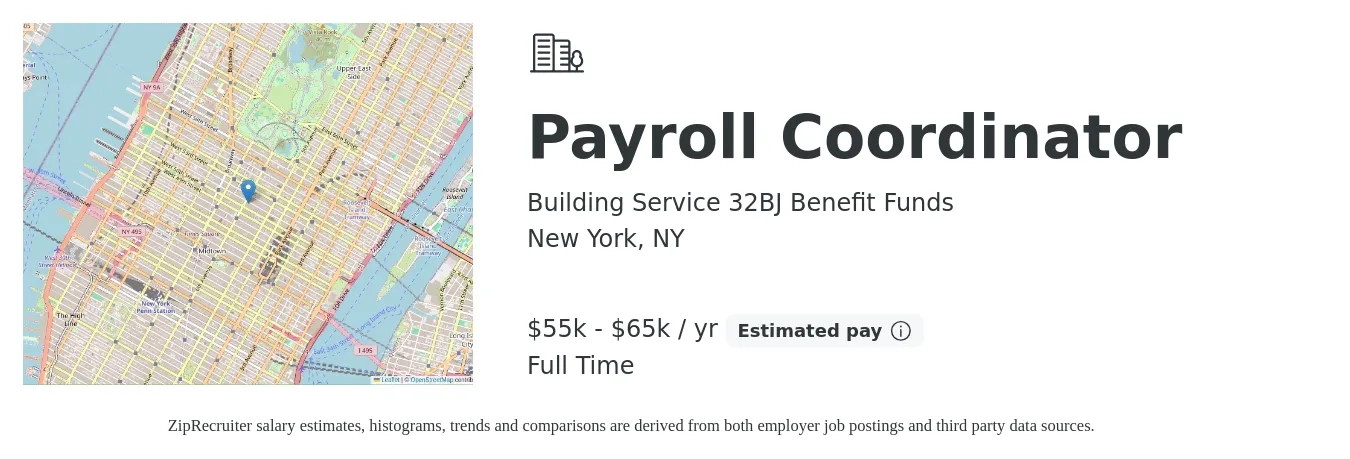 Building Service 32BJ Benefit Funds job posting for a Payroll Coordinator in New York, NY with a salary of $55,000 to $65,000 Yearly with a map of New York location.