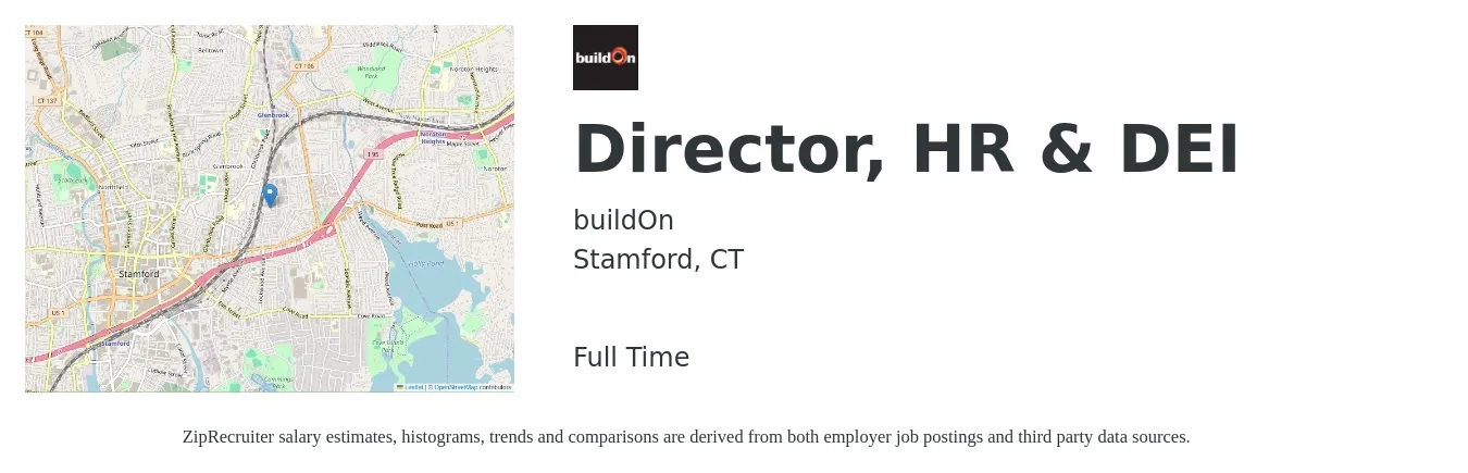 buildOn job posting for a Director, HR & DEI in Stamford, CT with a salary of $110,000 to $130,000 Yearly with a map of Stamford location.