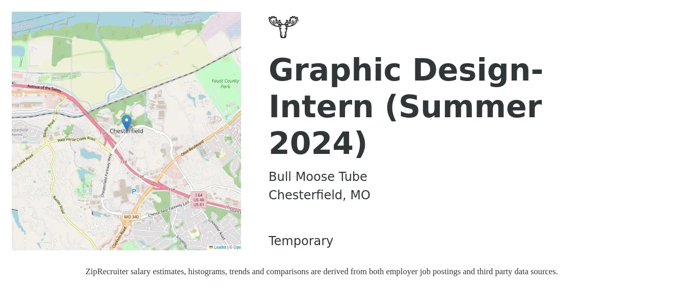 Bull Moose Tube job posting for a Graphic Design-Intern (Summer 2024) in Chesterfield, MO with a salary of $15 to $20 Hourly with a map of Chesterfield location.