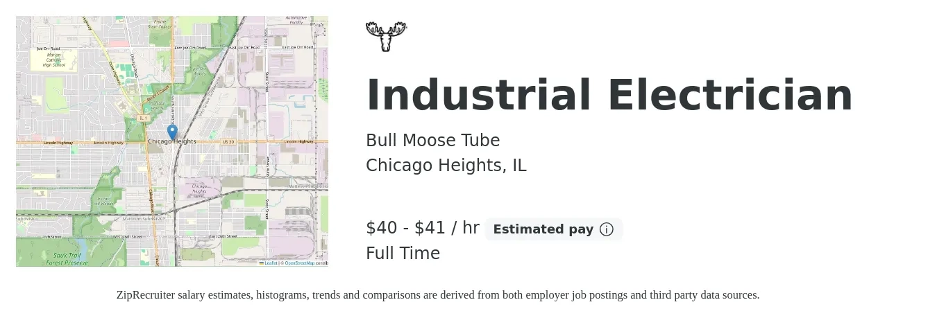 Bull Moose Tube job posting for a Industrial Electrician in Chicago Heights, IL with a salary of $42 to $43 Hourly with a map of Chicago Heights location.