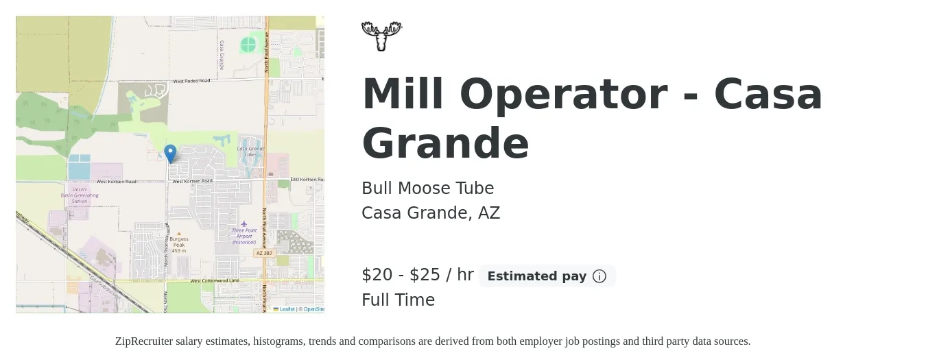 Bull Moose Tube job posting for a Mill Operator - Casa Grande in Casa Grande, AZ with a salary of $21 to $26 Hourly with a map of Casa Grande location.