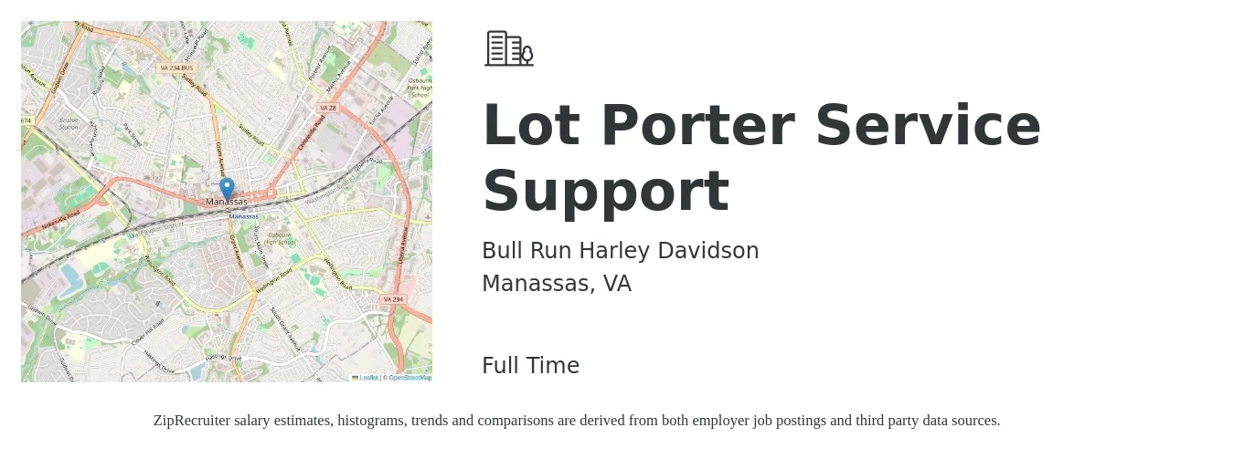 Bull Run Harley Davidson job posting for a Lot Porter Service Support in Manassas, VA with a salary of $15 to $18 Hourly with a map of Manassas location.