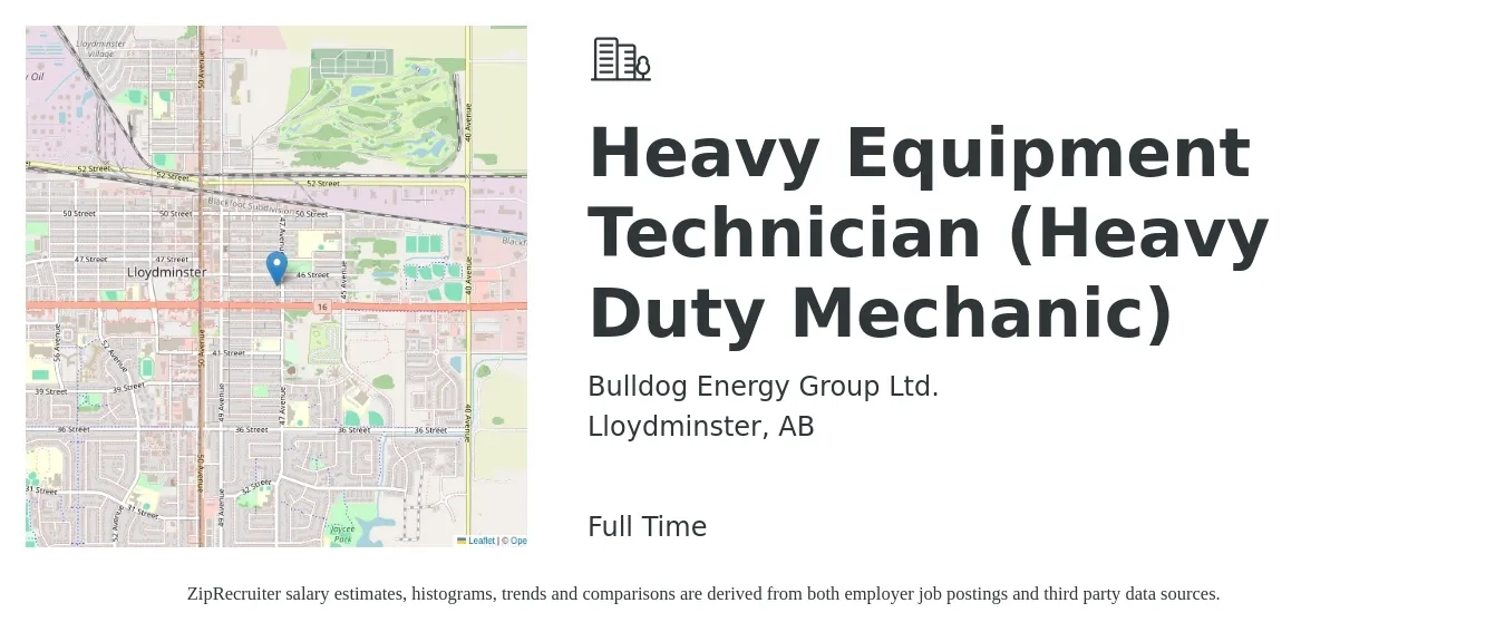 Bulldog Energy Group Ltd. job posting for a Heavy Equipment Technician (Heavy Duty Mechanic) in Lloydminster, AB with a map of Lloydminster location.