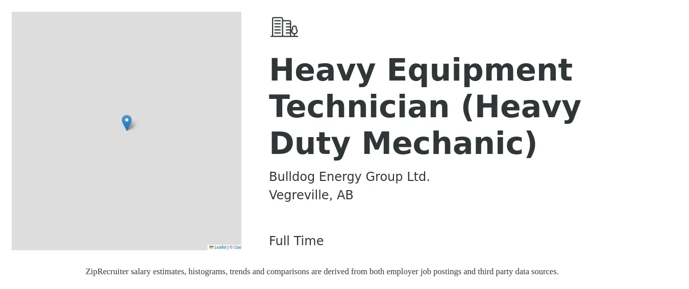 Bulldog Energy Group Ltd. job posting for a Heavy Equipment Technician (Heavy Duty Mechanic) in Vegreville, AB with a map of Vegreville location.