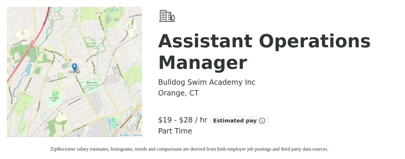 Bulldog Swim Academy Inc job posting for a Assistant Operations Manager in Orange, CT with a salary of $20 to $30 Hourly with a map of Orange location.