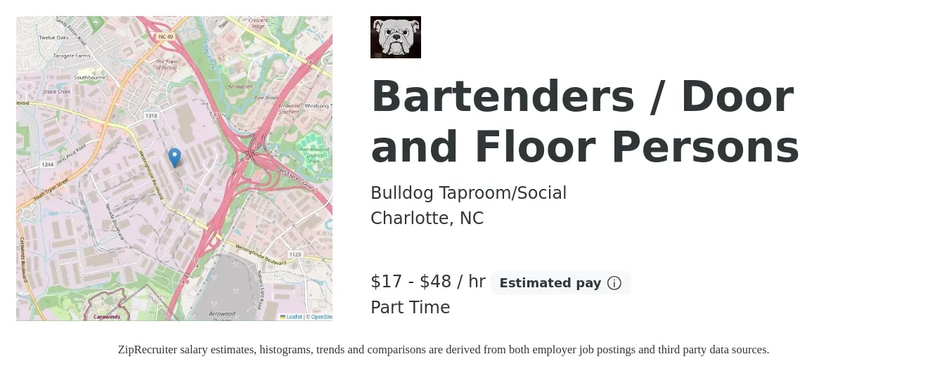 Bulldog Taproom/Social job posting for a Bartenders / Door and Floor Persons in Charlotte, NC with a salary of $18 to $50 Hourly with a map of Charlotte location.