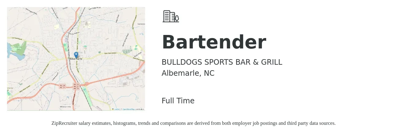 BULLDOGS SPORTS BAR & GRILL job posting for a Bartender in Albemarle, NC with a salary of $9 to $18 Hourly with a map of Albemarle location.