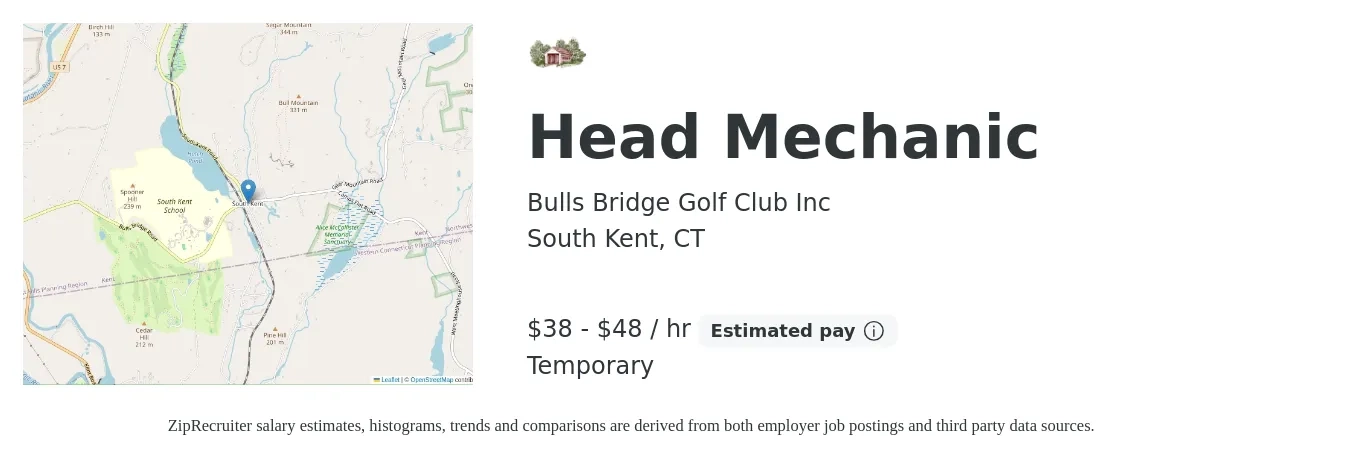 Bulls Bridge Golf Club Inc job posting for a Head Mechanic in South Kent, CT with a salary of $40 to $50 Hourly with a map of South Kent location.
