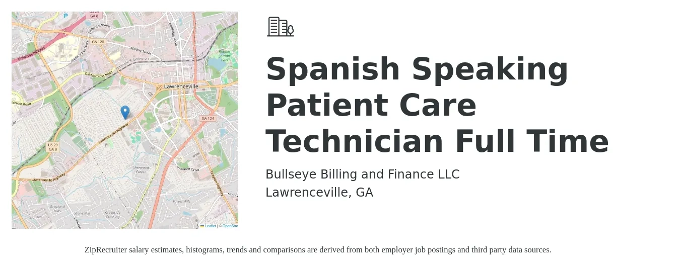 Bullseye Billing and Finance LLC job posting for a Spanish Speaking Patient Care Technician Full Time in Lawrenceville, GA with a salary of $16 Hourly with a map of Lawrenceville location.