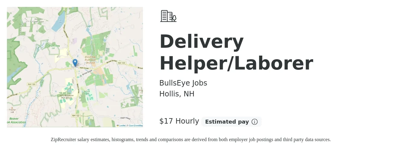 BullsEye Jobs job posting for a Delivery Helper/Laborer in Hollis, NH with a salary of $18 Hourly with a map of Hollis location.