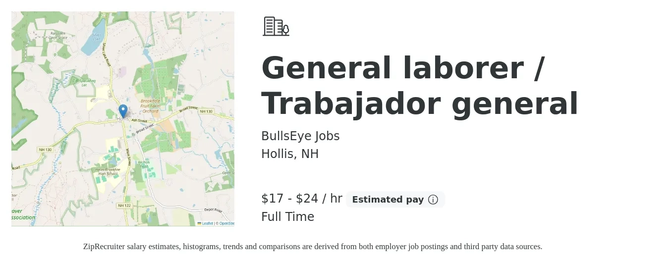 BullsEye Jobs job posting for a General laborer / Trabajador general in Hollis, NH with a salary of $18 to $25 Hourly with a map of Hollis location.