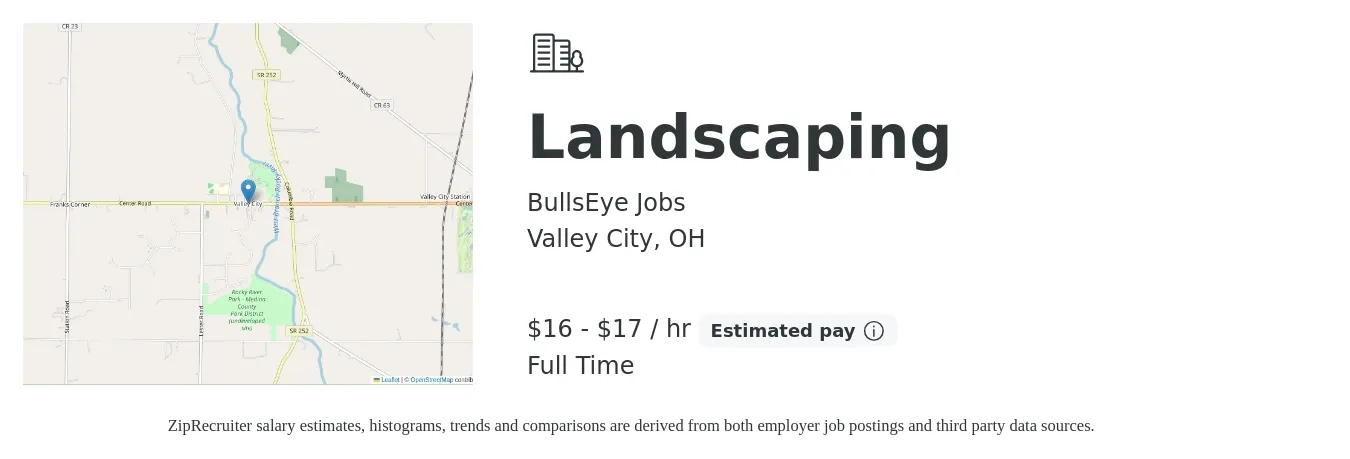 BullsEye Jobs job posting for a Landscaping in Valley City, OH with a salary of $17 to $18 Hourly with a map of Valley City location.