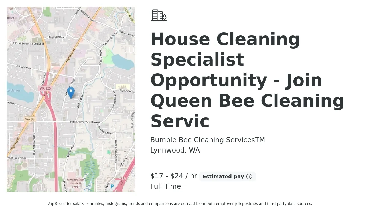 Bumble Bee Cleaning ServicesTM job posting for a House Cleaning Specialist Opportunity - Join Queen Bee Cleaning Servic in Lynnwood, WA with a salary of $18 to $25 Hourly and benefits including pto with a map of Lynnwood location.
