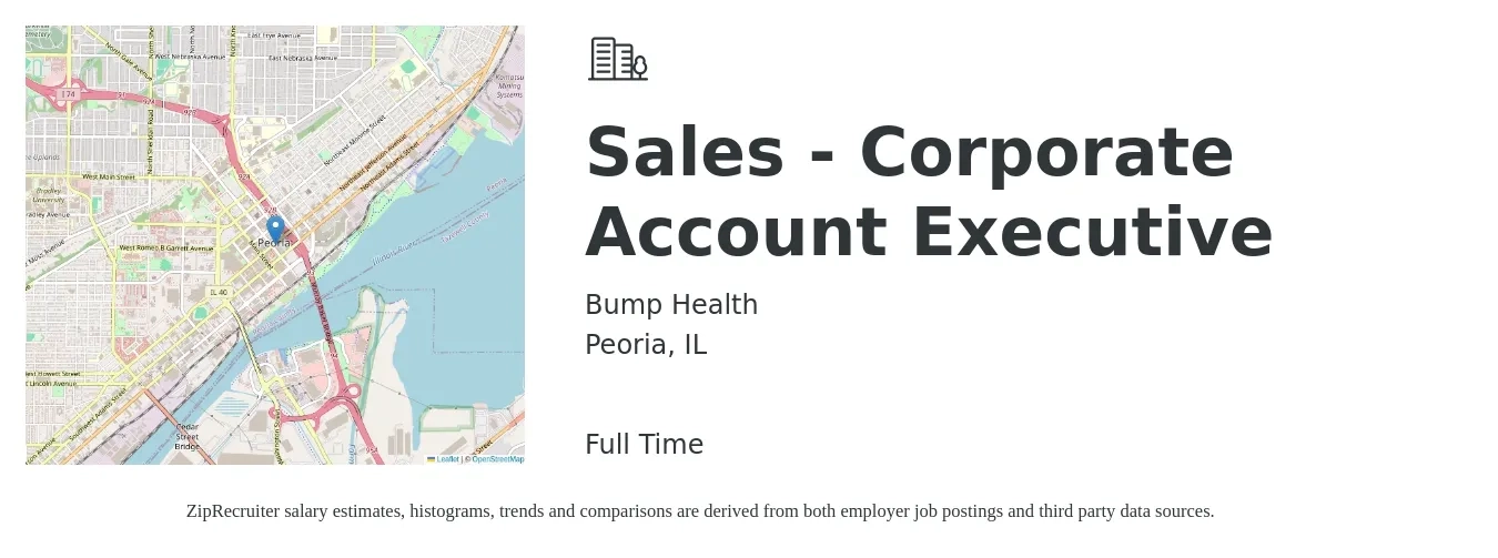 Bump Health job posting for a Sales - Corporate Account Executive in Peoria, IL with a salary of $52,500 to $82,400 Yearly with a map of Peoria location.