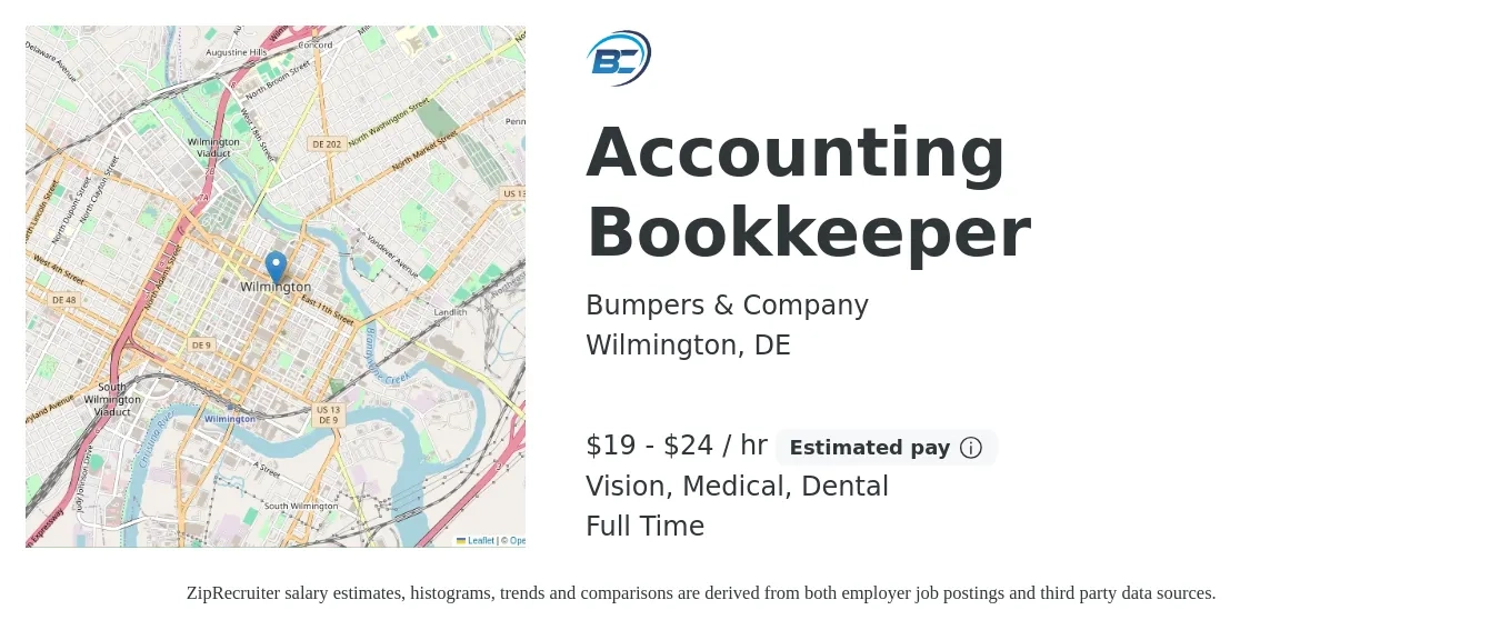 Bumpers & Company job posting for a Accounting Bookkeeper in Wilmington, DE with a salary of $20 to $25 Hourly and benefits including dental, life_insurance, medical, pto, retirement, and vision with a map of Wilmington location.