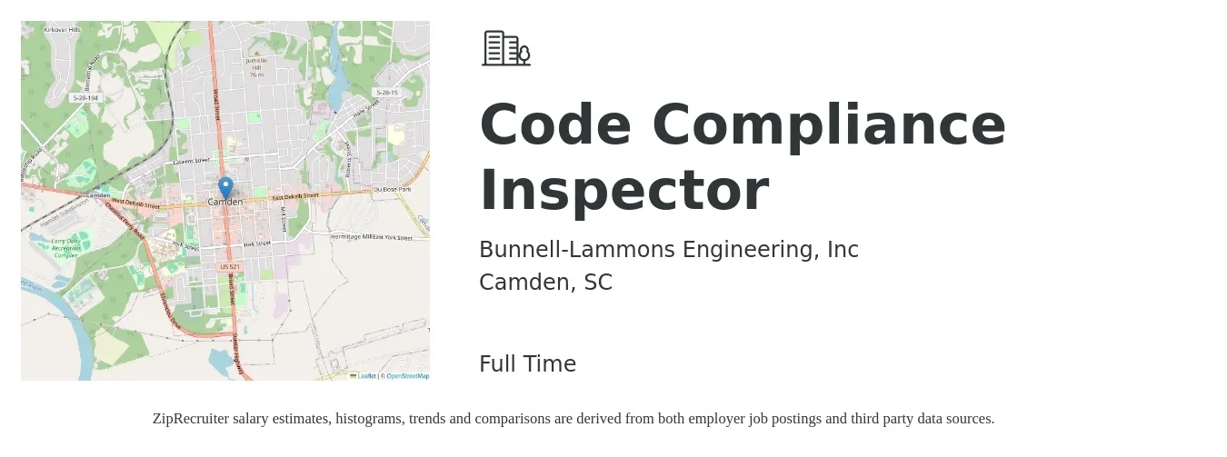 Bunnell-Lammons Engineering, Inc job posting for a Code Compliance Inspector in Camden, SC with a salary of $16 to $27 Hourly with a map of Camden location.