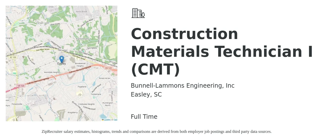 Bunnell-Lammons Engineering, Inc job posting for a Construction Materials Technician I (CMT) in Easley, SC with a salary of $17 to $24 Hourly with a map of Easley location.