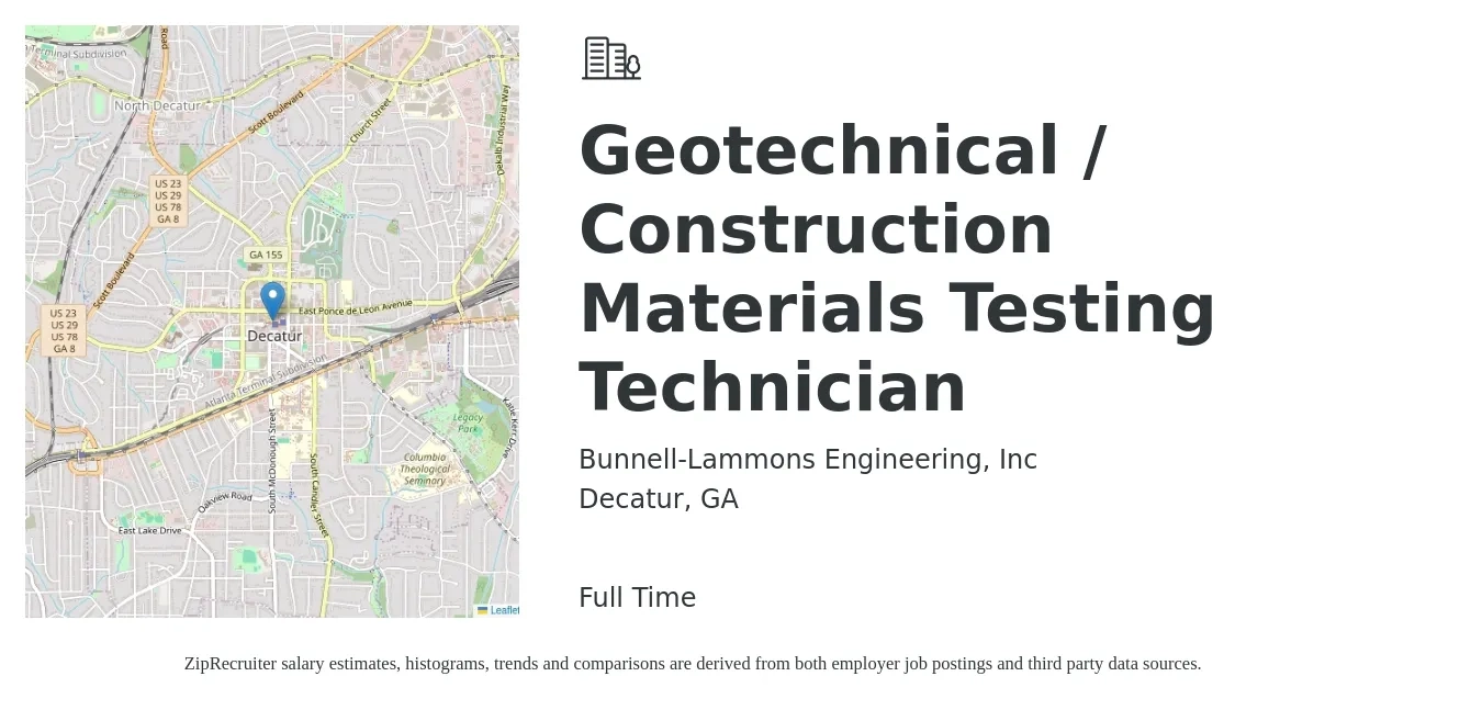 Bunnell-Lammons Engineering, Inc job posting for a Geotechnical / Construction Materials Testing Technician in Decatur, GA with a salary of $19 to $26 Hourly with a map of Decatur location.