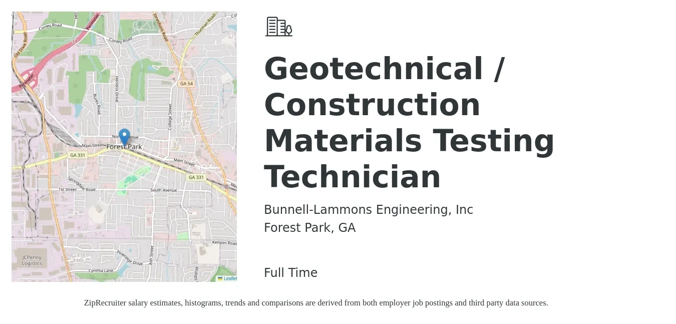 Bunnell-Lammons Engineering, Inc job posting for a Geotechnical / Construction Materials Testing Technician in Forest Park, GA with a salary of $19 to $26 Hourly with a map of Forest Park location.
