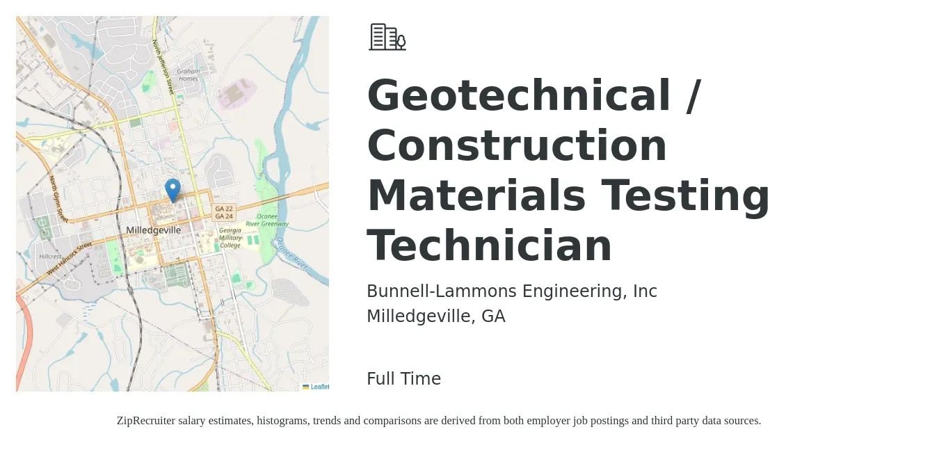 Bunnell-Lammons Engineering, Inc job posting for a Geotechnical / Construction Materials Testing Technician in Milledgeville, GA with a salary of $18 to $24 Hourly with a map of Milledgeville location.