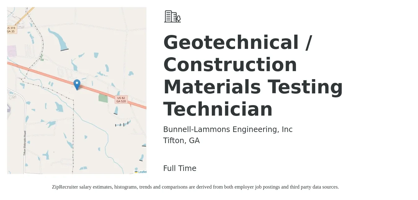 Bunnell-Lammons Engineering, Inc job posting for a Geotechnical / Construction Materials Testing Technician in Tifton, GA with a salary of $14 to $20 Hourly with a map of Tifton location.