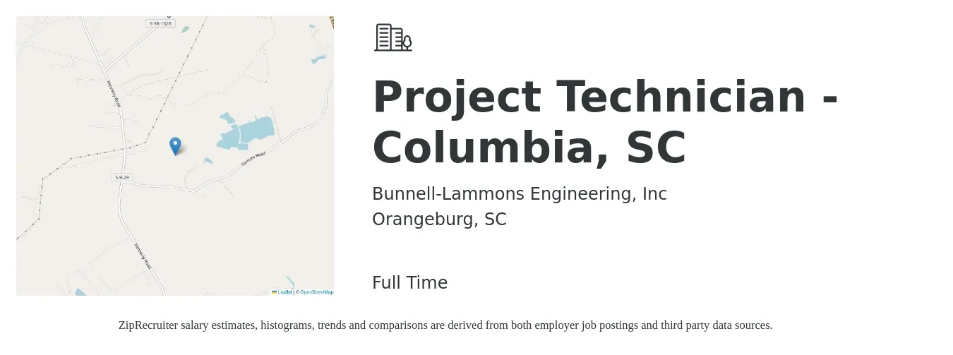 Bunnell-Lammons Engineering, Inc job posting for a Project Technician - Columbia, SC in Orangeburg, SC with a salary of $16 to $22 Hourly with a map of Orangeburg location.