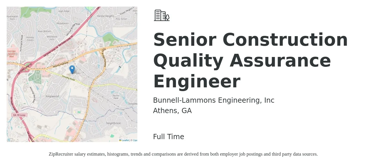 Bunnell-Lammons Engineering, Inc job posting for a Senior Construction Quality Assurance Engineer in Athens, GA with a salary of $42 to $56 Hourly with a map of Athens location.