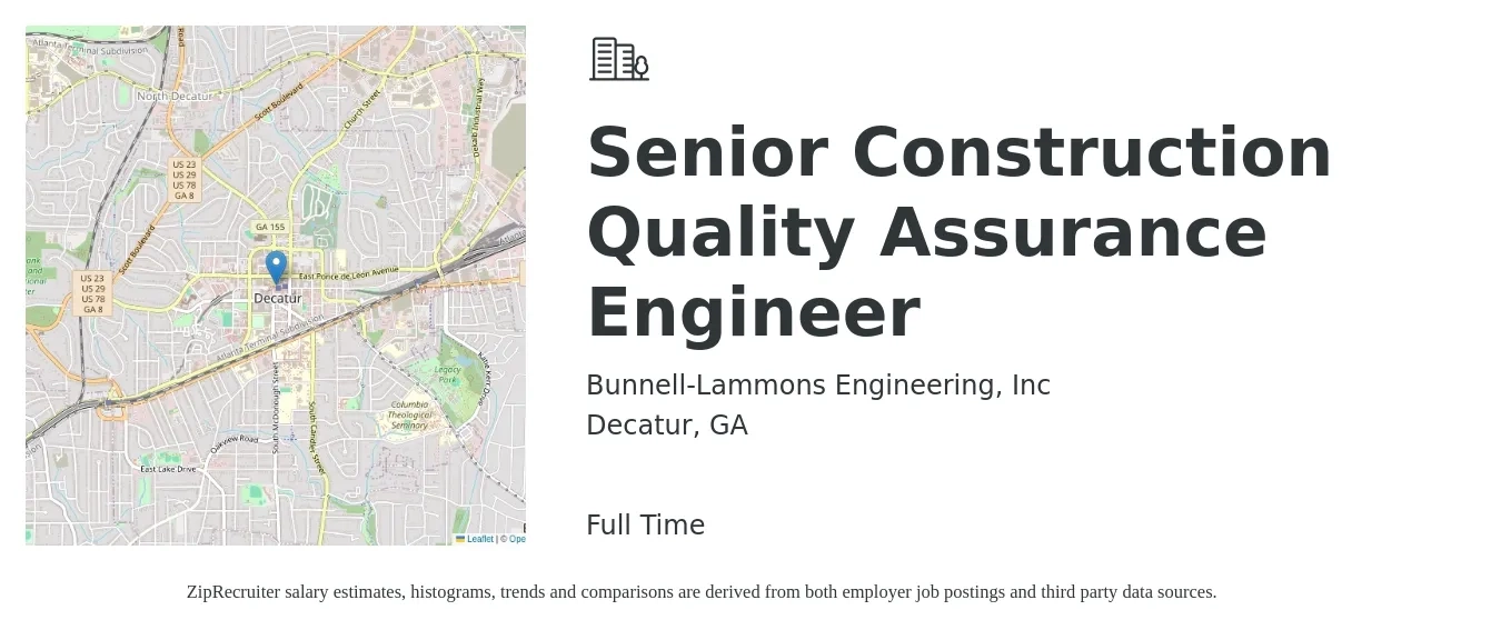Bunnell-Lammons Engineering, Inc job posting for a Senior Construction Quality Assurance Engineer in Decatur, GA with a salary of $49 to $66 Hourly with a map of Decatur location.