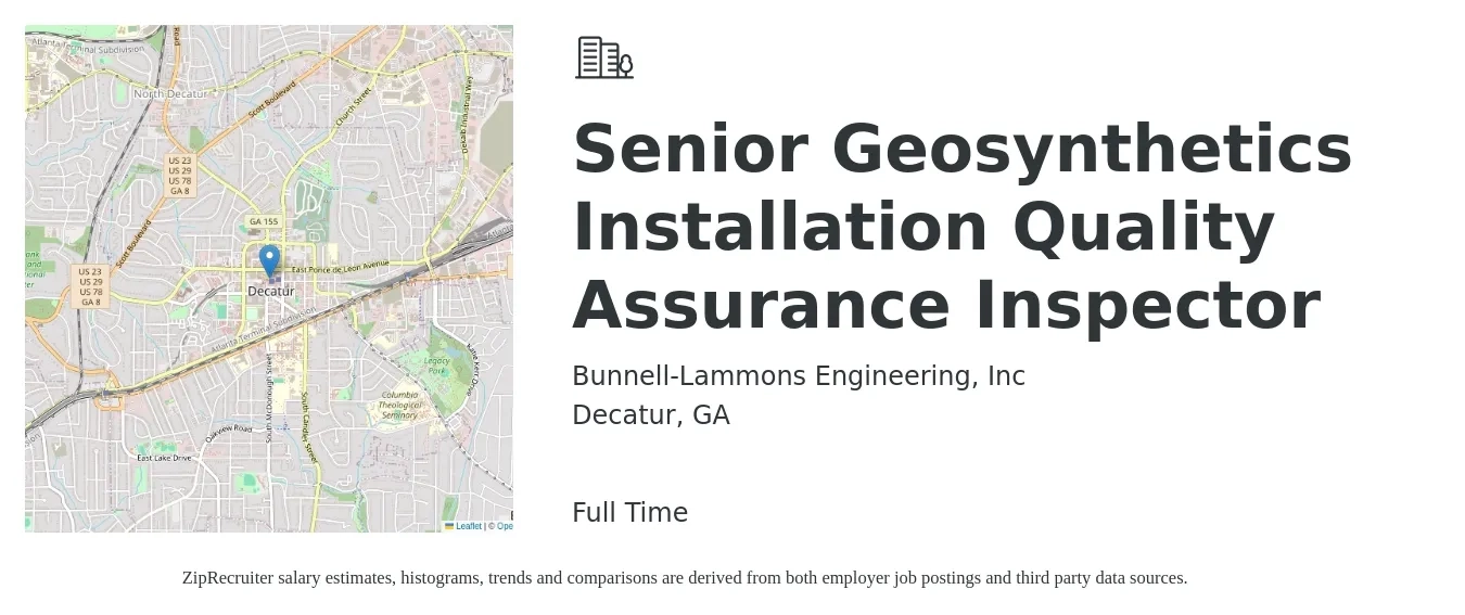Bunnell-Lammons Engineering, Inc job posting for a Senior Geosynthetics Installation Quality Assurance Inspector in Decatur, GA with a salary of $18 to $26 Hourly with a map of Decatur location.