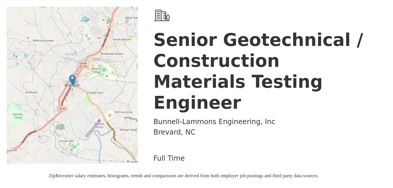 Bunnell-Lammons Engineering, Inc job posting for a Senior Geotechnical / Construction Materials Testing Engineer in Brevard, NC with a salary of $87,900 to $120,600 Yearly with a map of Brevard location.