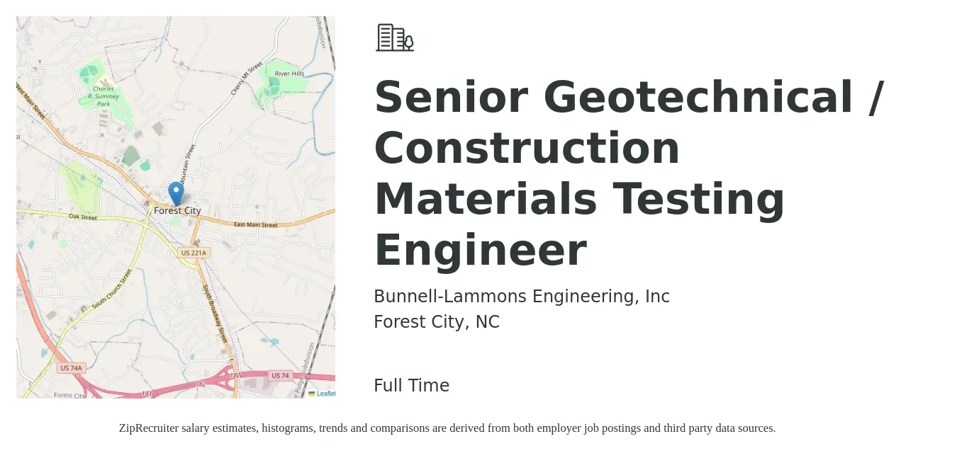 Bunnell-Lammons Engineering, Inc job posting for a Senior Geotechnical / Construction Materials Testing Engineer in Forest City, NC with a salary of $83,400 to $114,400 Yearly with a map of Forest City location.