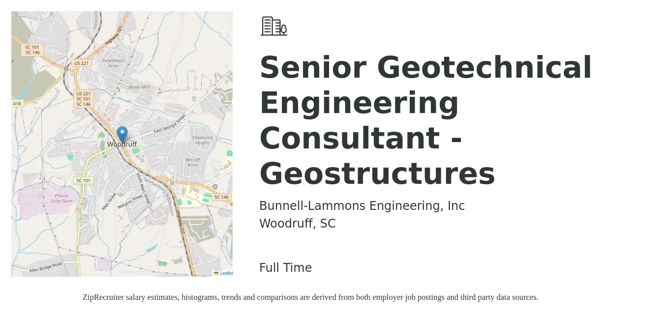 Bunnell-Lammons Engineering, Inc job posting for a Senior Geotechnical Engineering Consultant - Geostructures in Woodruff, SC with a salary of $90,200 to $123,700 Yearly with a map of Woodruff location.