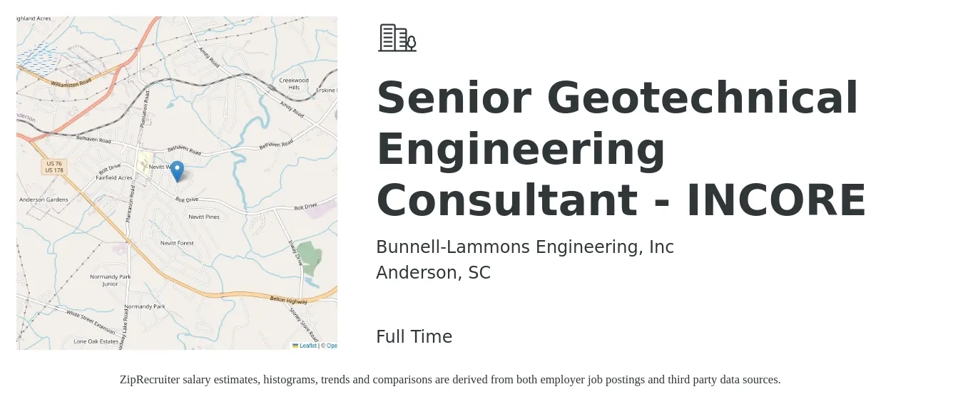 Bunnell-Lammons Engineering, Inc job posting for a Senior Geotechnical Engineering Consultant - INCORE in Anderson, SC with a salary of $83,100 to $114,000 Yearly with a map of Anderson location.
