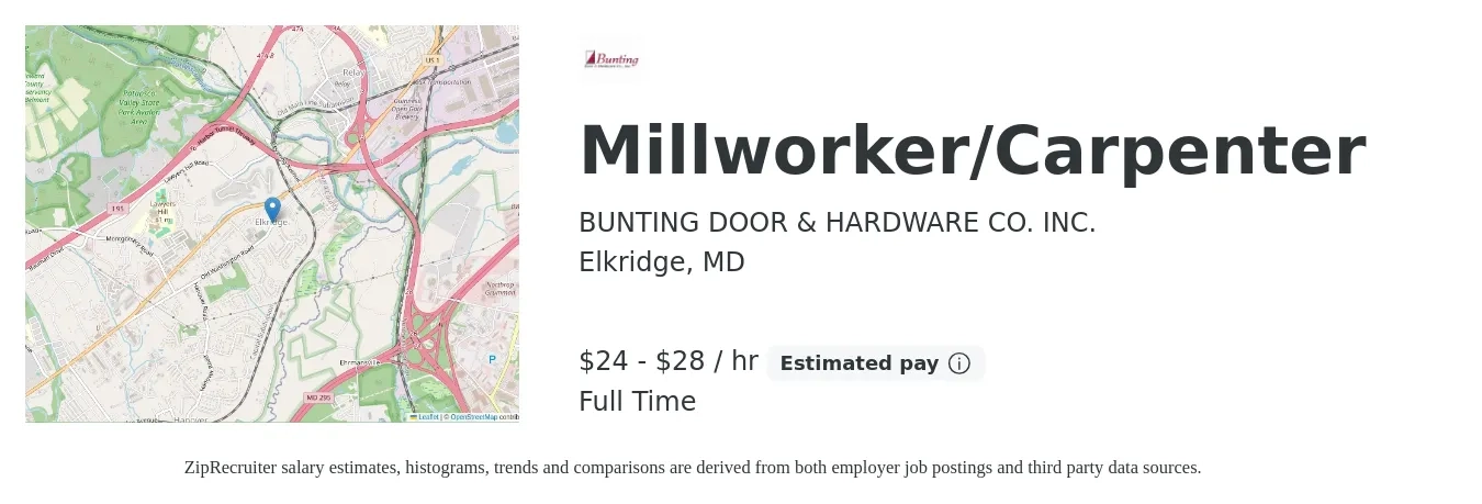 BUNTING DOOR & HARDWARE CO. INC. job posting for a Millworker/Carpenter in Elkridge, MD with a salary of $25 to $30 Hourly with a map of Elkridge location.