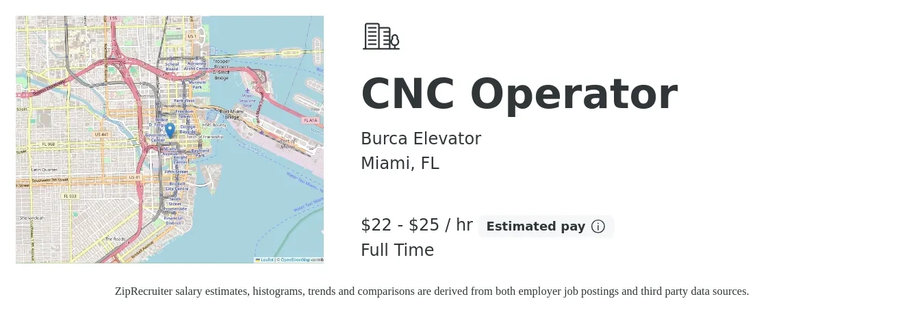 Burca Elevator job posting for a CNC Operator in Miami, FL with a salary of $23 to $26 Hourly with a map of Miami location.