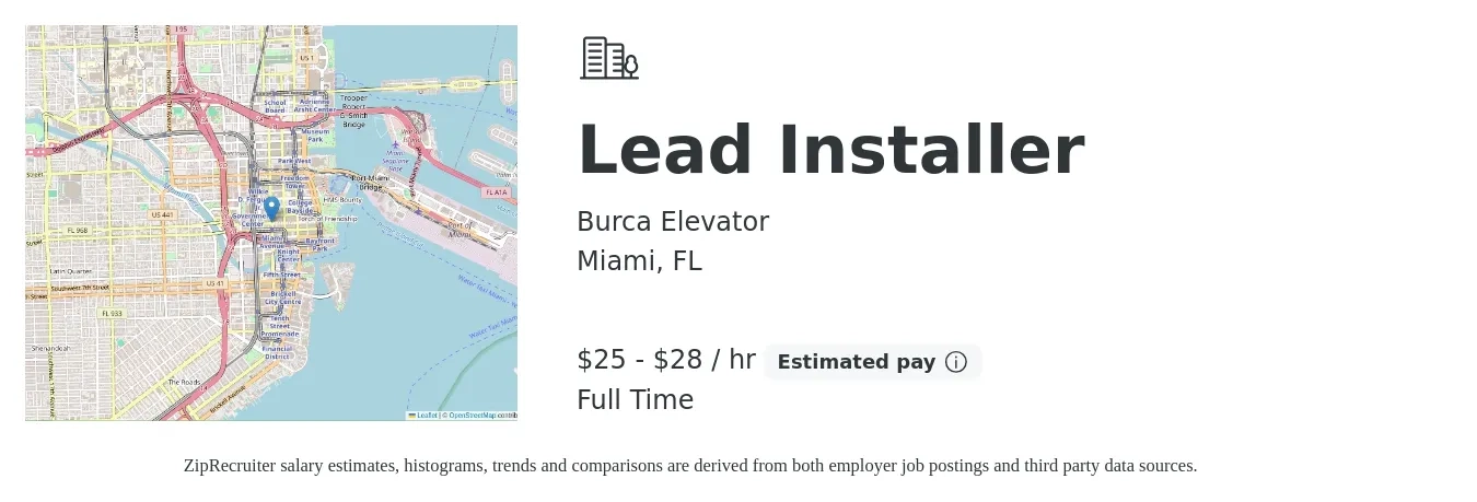Burca Elevator job posting for a Lead Installer in Miami, FL with a salary of $26 to $30 Hourly with a map of Miami location.