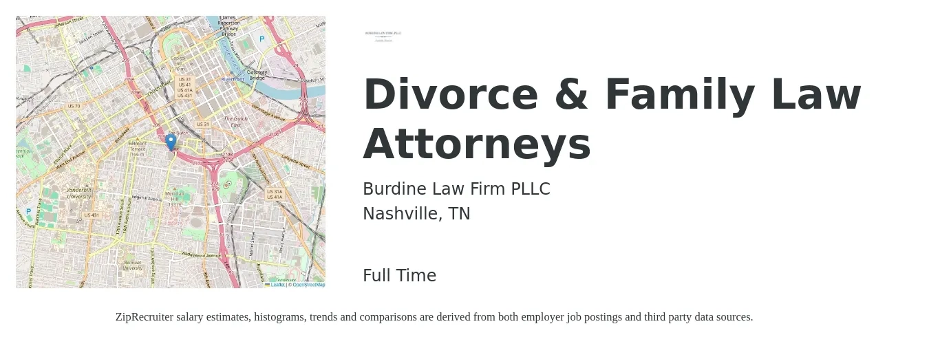 Burdine Law Firm PLLC job posting for a Divorce & Family Law Attorneys in Nashville, TN with a salary of $10,000 Monthly with a map of Nashville location.