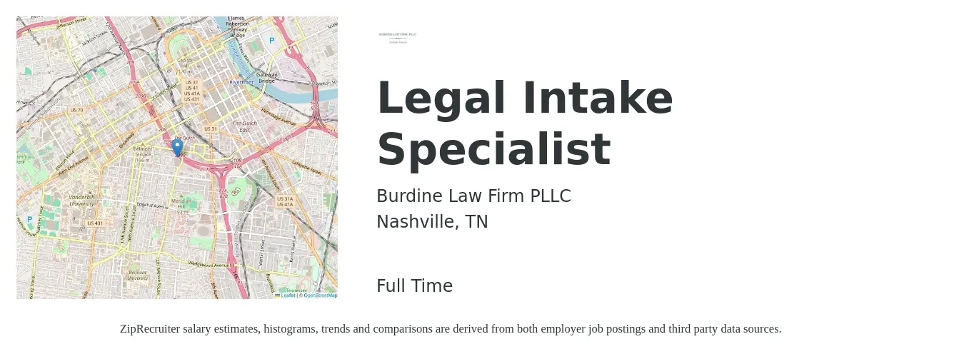 Burdine Law Firm PLLC job posting for a Legal Intake Specialist in Nashville, TN with a salary of $40,000 Yearly with a map of Nashville location.