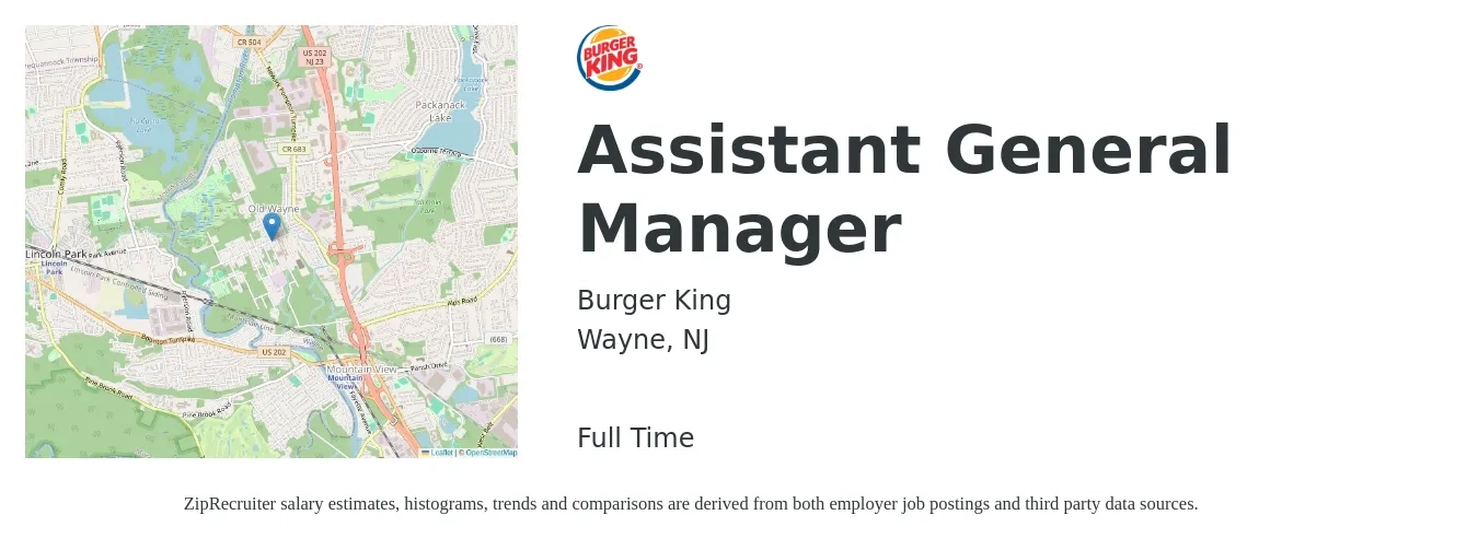 Burger King job posting for a Assistant General Manager in Wayne, NJ with a salary of $16 to $25 Hourly with a map of Wayne location.
